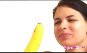 How-to: juvenile incomprehensible girl teaches at any cost a banana